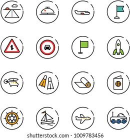line vector icon set - runway vector, client bell, small plane, flag, intersection road sign, no car, rocket, helicopter, flippers, mat, passport, hand wheel, sail boat, moon rover