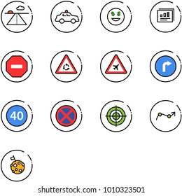 line vector icon set - runway vector, safety car, dollar smile, statistics report, no way road sign, round motion, airport, only right, minimal speed limit, stop, target, chart point arrow