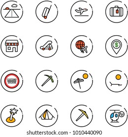 line vector icon set - runway vector, suitcase, departure, duty free, trap truck, plane globe, dollar pin, customs road sign, job, beach, lounger, palm, tent, axe, helicopter toy