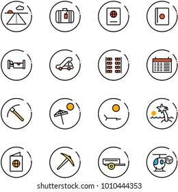 line vector icon set - runway vector, suitcase, passport, hotel, trap truck, plane seats, schedule, rock axe, beach, lounger, palm, trailer, helicopter toy