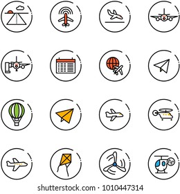 line vector icon set - runway vector, plane radar, arrival, boarding passengers, schedule, globe, paper fly, air balloon, helicopter, kite, wind mill, toy