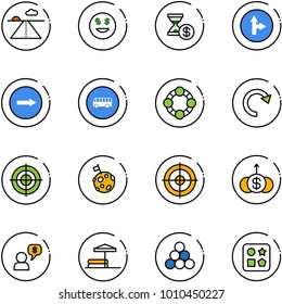 line vector icon set - runway vector, dollar smile, account history, only forward right road sign, bus, friends, redo, target, moon flag, growth, money dialog, inflatable pool, billiards balls