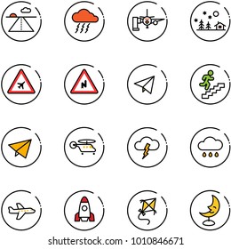 line vector icon set - runway vector, storm, boarding passengers, christmas landscape, airport road sign, abrupt turn right, paper fly, career, helicopter, rain cloud, plane, rocket, kite, moon lamp