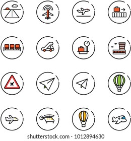 line vector icon set - runway vector, plane radar, departure, baggage, waiting area, trap truck, scales, airport building, road sign, paper, fly, air balloon, helicopter, toy
