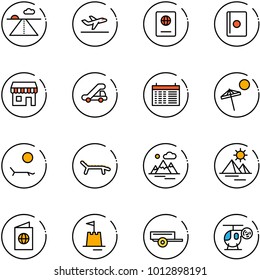 line vector icon set - runway vector, departure, passport, duty free, trap truck, schedule, beach, lounger, mountains, pyramid, sand castle, trailer, helicopter toy