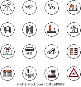 line vector icon set - runway vector, departure, arrival, baggage, metal detector gate, travolator, terrorism, officer window, duty free, trap truck, plane seats, schedule, airport building