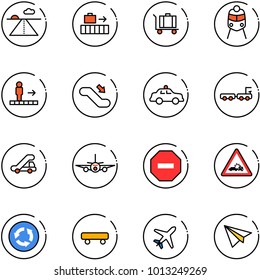 line vector icon set - runway vector, baggage, train, travolator, escalator down, safety car, truck, trap, plane, no way road sign, crash, circle, skateboard, paper