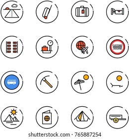 line vector icon set - runway vector, suitcase, hotel, plane seats, baggage scales, globe, customs road sign, bus, rock axe, beach, lounger, pyramid, passport, tent, trailer