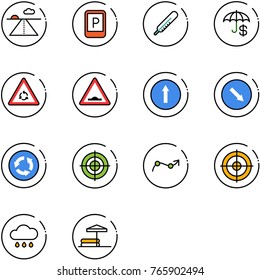 line vector icon set - runway vector, parking sign, thermometer, insurance, round motion road, artificial unevenness, only forward, detour, circle, target, chart point arrow, rain cloud