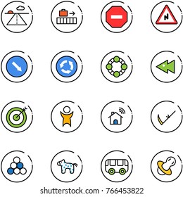 line vector icon set - runway vector, baggage, no way road sign, abrupt turn right, detour, circle, friends, fast backward, target, success, wireless home, scythe, billiards balls, toy horse, bus