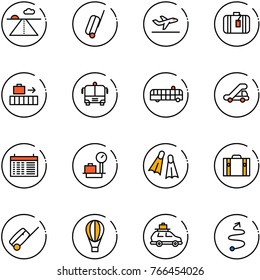 line vector icon set - runway vector, suitcase, departure, baggage, airport bus, trap truck, schedule, scales, flippers, air balloon, car, trip