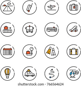 line vector icon set - runway vector, suitcase, departure, baggage, airport bus, trap truck, schedule, scales, flippers, air balloon, car, trip, helicopter toy