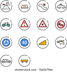 line vector icon set - runway vector, taxi, escalator down, safety car, bike, traffic light road sign, abrupt turn right, no horn, circle, minimal speed limit, stairs, helicopter, limousine