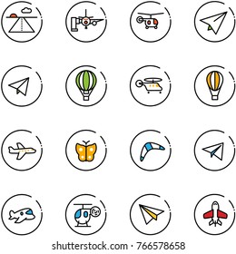 line vector icon set - runway vector, boarding passengers, helicopter, paper plane, fly, air balloon, butterfly, boomerang, toy