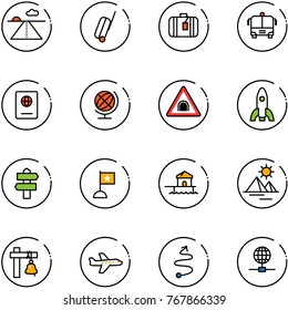 line vector icon set - runway vector, suitcase, airport bus, passport, globe, tunnel road sign, rocket, signpost, flag, bungalow, pyramid, ship bell, plane, trip