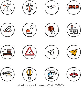 line vector icon set - runway vector, plane radar, departure, waiting area, trap truck, baggage scales, globe, airport building, road sign, paper fly, helicopter, air balloon, toy