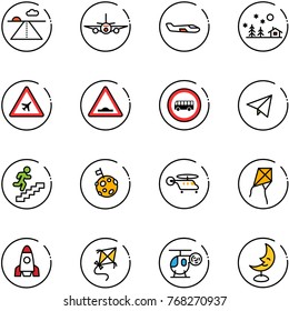 line vector icon set - runway vector, plane, small, christmas landscape, airport road sign, artificial unevenness, no bus, paper fly, career, moon flag, helicopter, kite, rocket, toy, lamp