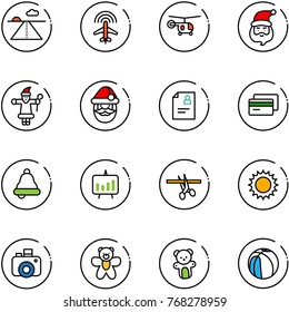 line vector icon set - runway vector, plane radar, helicopter, santa claus, patient card, credit, bell, presentation chart, opening, sun, camera, bear toy, basketball