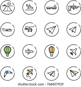line vector icon set - runway vector, arrival, baggage truck, boarding passengers, small plane, helicopter, paper, fly, air balloon, boomerang, kite