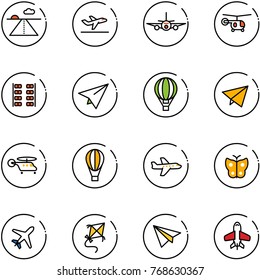 line vector icon set - runway vector, departure, plane, helicopter, seats, paper, air balloon, fly, butterfly, kite, toy