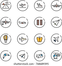 line vector icon set - runway vector, departure, arrival, plane, boarding passengers, small, seats, paper, air balloon, butterfly, boomerang, toy, helicopter