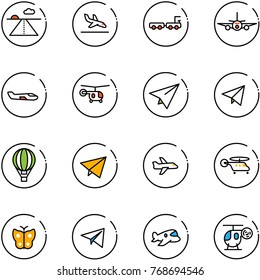 line vector icon set - runway vector, arrival, baggage truck, plane, small, helicopter, paper, fly, air balloon, butterfly, toy