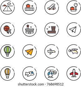 line vector icon set - runway vector, baggage, trap truck, scales, plane globe, airport building, paper fly, air balloon, helicopter, toy