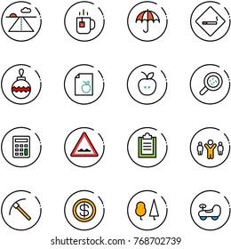 line vector icon set - runway vector, tea, insurance, smoking area sign, christmas ball, diet list, apple, bacteria, calculator, rough road, clipboard, team leader, rock axe, dollar, forest