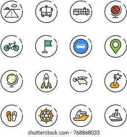line vector icon set - runway vector, airport bus, globe, bike, flag, road sign, map pin, rocket, helicopter, palm, flip flops, hand wheel, cruiser, toy boat
