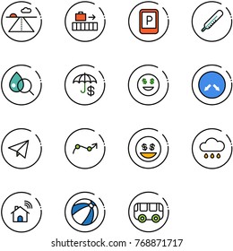 line vector icon set - runway vector, baggage, parking sign, thermometer, blood test, dollar smile, detour road, paper fly, chart point arrow, money, rain cloud, wireless home, beach ball