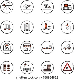 line vector icon set - runway vector, departure, arrival, baggage, metal detector gate, travolator, terrorism, officer window, duty free, truck, trap, plane seats, airport building, road sign