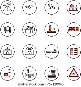line vector icon set - runway vector, departure, arrival, baggage, passport control, travolator, waiting area, terrorism, officer window, truck, plane seats, scales, airport building, road sign