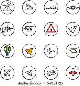 line vector icon set - runway vector, arrival, baggage truck, plane, boarding passengers, helicopter, airport road sign, paper, air balloon, fly, toy
