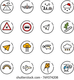 line vector icon set - runway vector, plane, christmas landscape, snowfall, airport road sign, no bus, paper fly, career, cloud ladder, helicopter, rain, rainbow, kite, toy