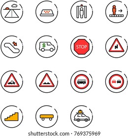 line vector icon set - runway vector, taxi, metal detector gate, travolator, escalator down, encashment car, stop road sign, abrupt turn right, crash, rough, no bus, overtake, stairs, skateboard
