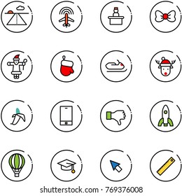 line vector icon set - runway vector, plane radar, recieptionist, bow, santa claus, christmas glove, snowmobile, deer hat, banana, phone, dislike, rocket, air balloon, graduate, cursor, ruler