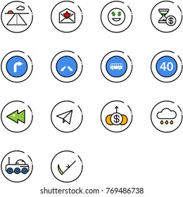 line vector icon set - runway vector, star letter, dollar smile, account history, only right road sign, detour, bus, minimal speed limit, fast backward, paper fly, growth, rain cloud, moon rover
