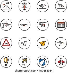 line vector icon set - runway vector, plane radar, departure, arrival, boarding passengers, small, helicopter, schedule, side wind road sign, paper fly, air balloon, kite, beach ball, toy