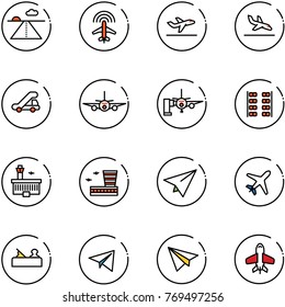line vector icon set - runway vector, plane radar, departure, arrival, trap truck, boarding passengers, seats, airport building, paper, jointer, toy