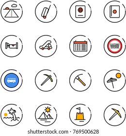 line vector icon set - runway vector, suitcase, passport, hotel, trap truck, schedule, customs road sign, bus, job, rock axe, beach, palm, pyramid, sand castle