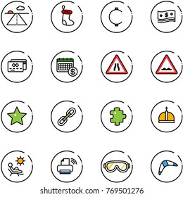 line vector icon set - runway vector, christmas sock, cent, cash, credit card, calendar, Road narrows sign, rough, star, link, puzzle, crown, beach, printer wireless, protective glasses, boomerang