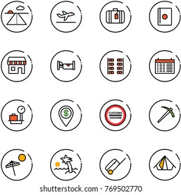 line vector icon set - runway vector, departure, suitcase, passport, duty free, hotel, plane seats, schedule, baggage scales, dollar pin, customs road sign, job, beach, palm, tent