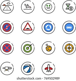line vector icon set - runway vector, arrival, dollar smile, account history, no parkin odd, artificial unevenness road sign, circle, bus, stop, target, moon flag, pipe welding, beach ball