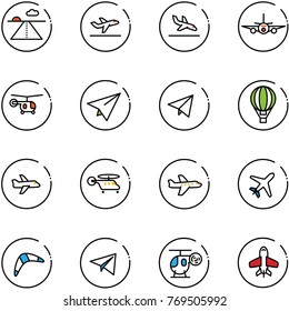 line vector icon set - runway vector, departure, arrival, plane, helicopter, paper, fly, air balloon, boomerang, toy