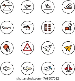 line vector icon set - runway vector, departure, arrival, trap truck, small plane, helicopter, seats, baggage scales, globe, airport road sign, paper, fly, toy