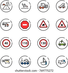 line vector icon set - runway vector, arrival, fork loader, trap truck, helicopter, no way road sign, tractor, railway intersection, speed limit 40, 110, 130, electric car, moon rover, sailboat toy