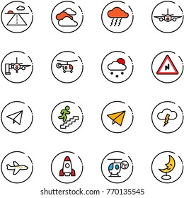 line vector icon set - runway vector, clouds, storm, plane, boarding passengers, helicopter, snowfall, abrupt turn right road sign, paper fly, career, rocket, toy, moon lamp