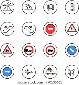line vector icon set - runway vector, arrival, baggage, metal detector gate, escalator up, down, no way road sign, intersection, for moto, trailer, bus, detour, only right, plane, car