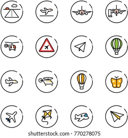 line vector icon set - runway vector, departure, plane, boarding passengers, helicopter, airport road sign, paper fly, air balloon, butterfly, kite, toy