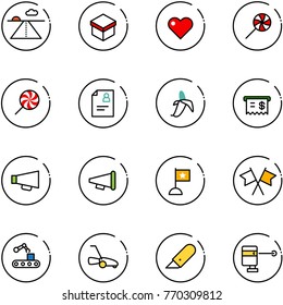 line vector icon set - runway vector, gift, heart, lollipop, patient card, banana, receipt, loudspeaker, speaker horn, flag, flags cross, conveyor, lawn mower, work knife, laser lever